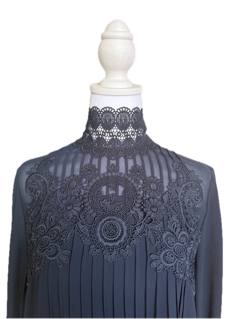 TED BAKER Lace-Yoke High Neck Blouse - Navy With Gold Button - Picture 4 of 11